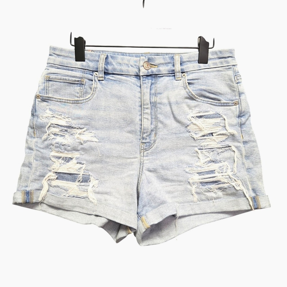 American Eagle Distressed Embroidered High Waisted Denim Shorts Light Wash 12